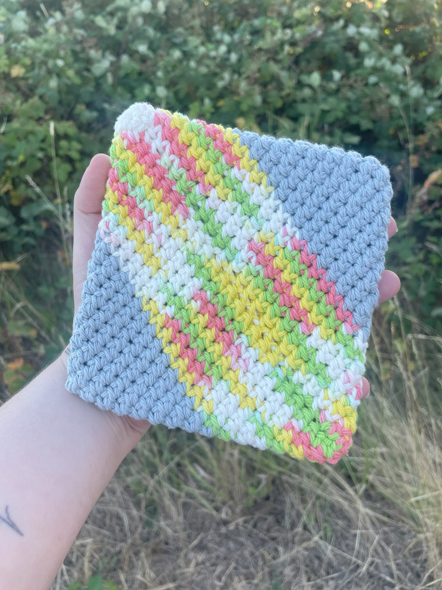 Double-Thick Cotton Crochet Potholders | Gray with Multicolored Stripes
