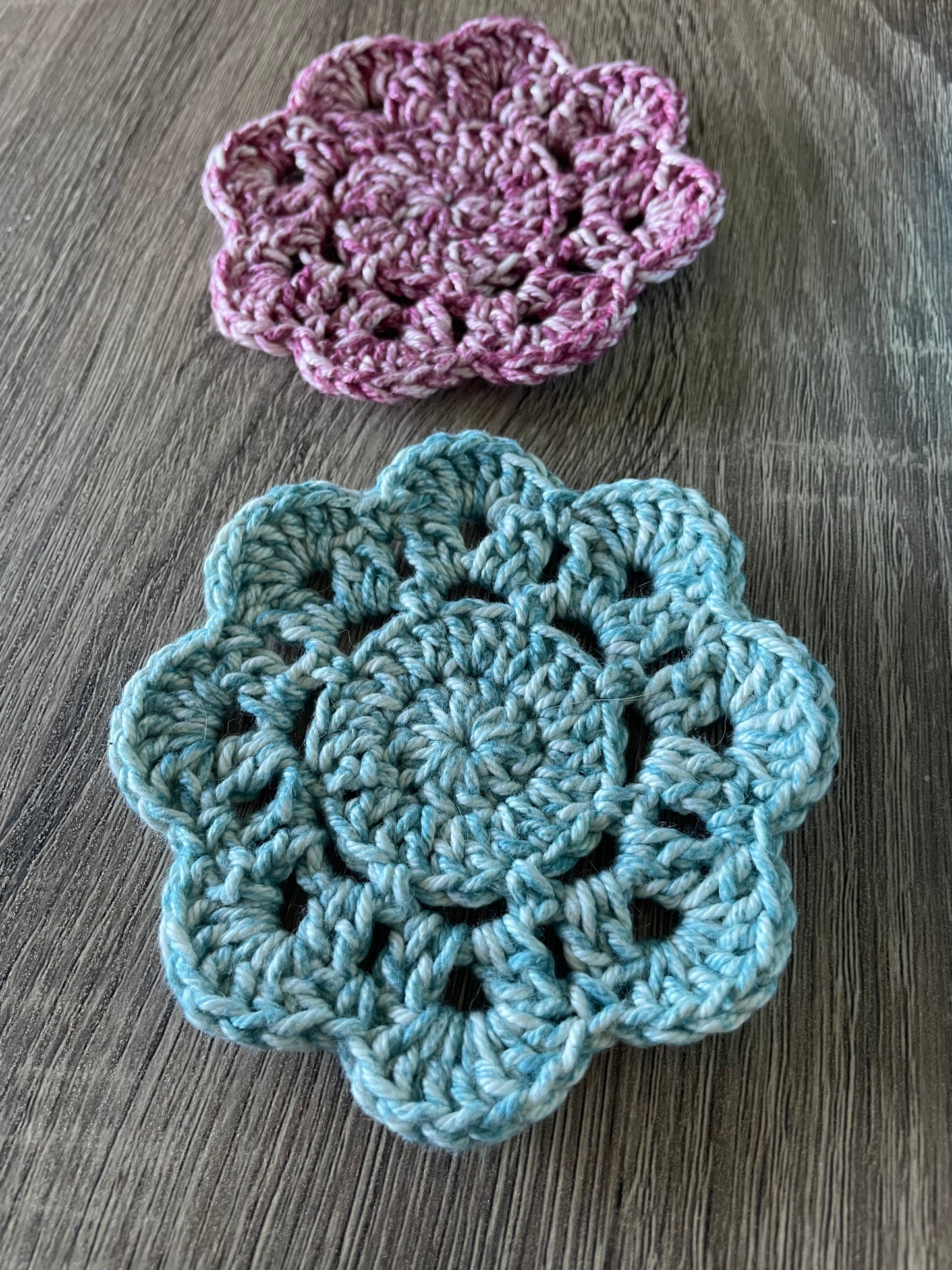 Handcrafted Crochet Flower Coasters | Unique Home Decor | Pink and Blue Tie-Dye