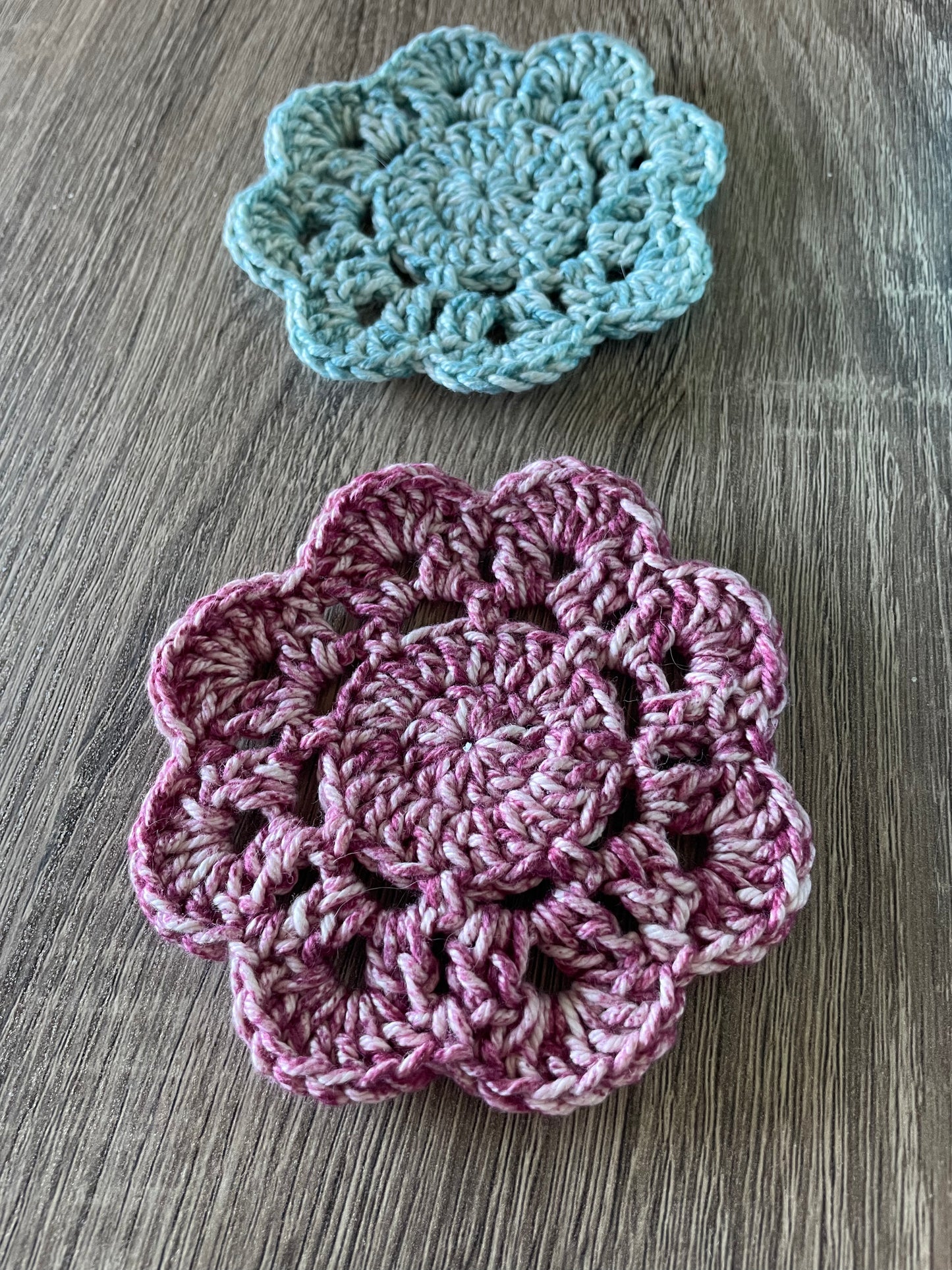 Handcrafted Crochet Flower Coasters | Unique Home Decor | Pink and Blue Tie-Dye
