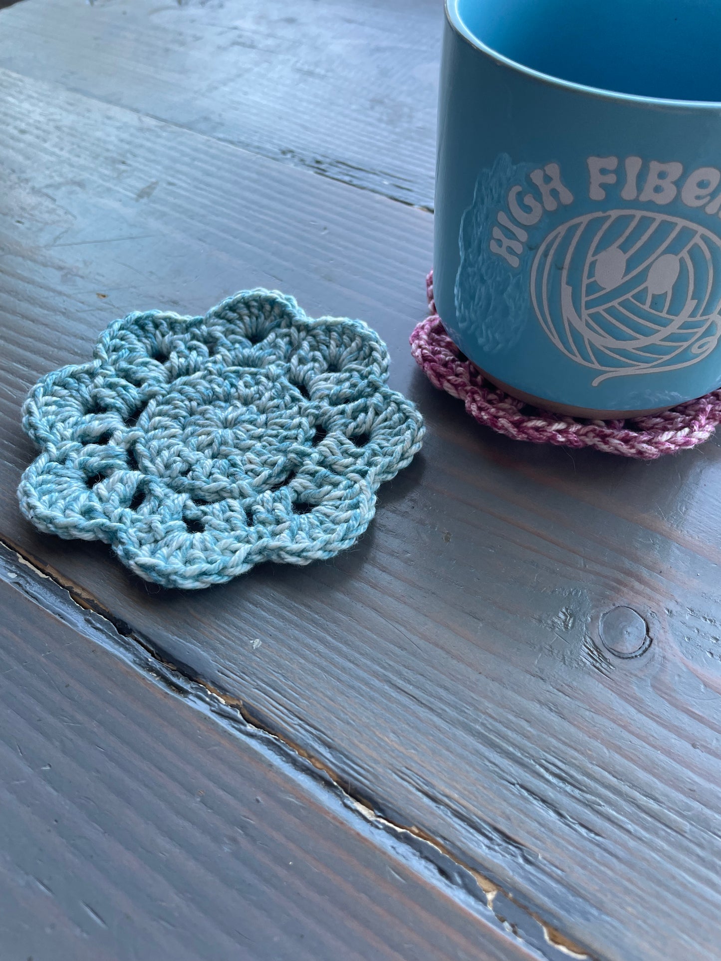Handcrafted Crochet Flower Coasters | Unique Home Decor | Pink and Blue Tie-Dye