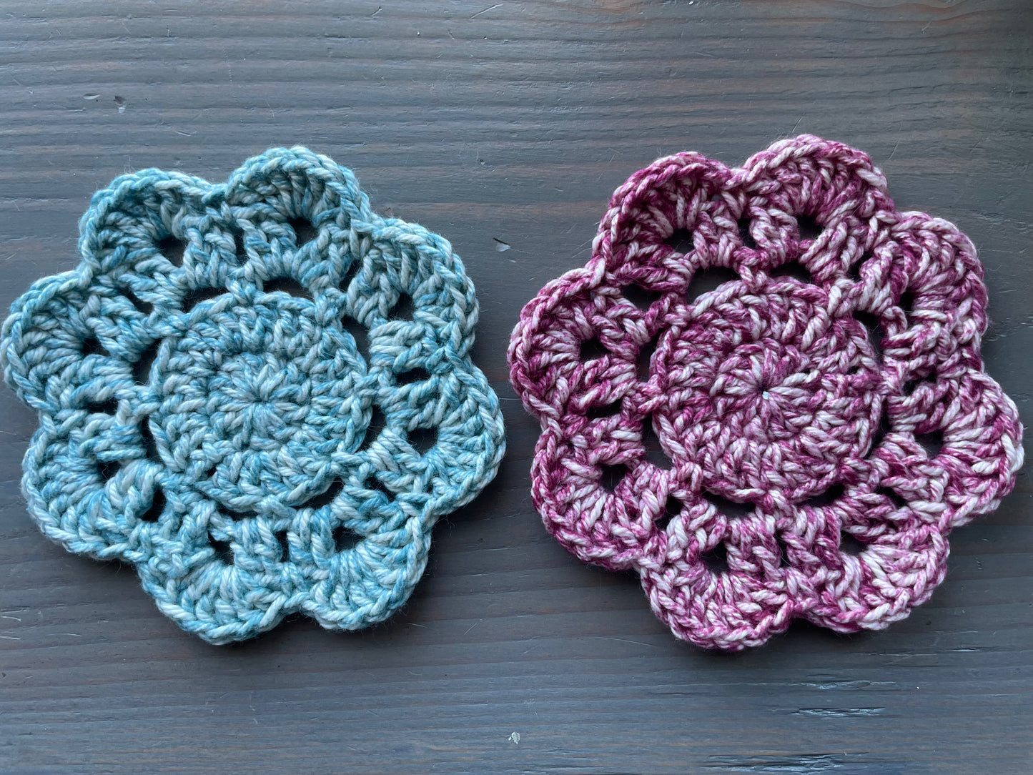 Handcrafted Crochet Flower Coasters | Unique Home Decor | Pink and Blue Tie-Dye