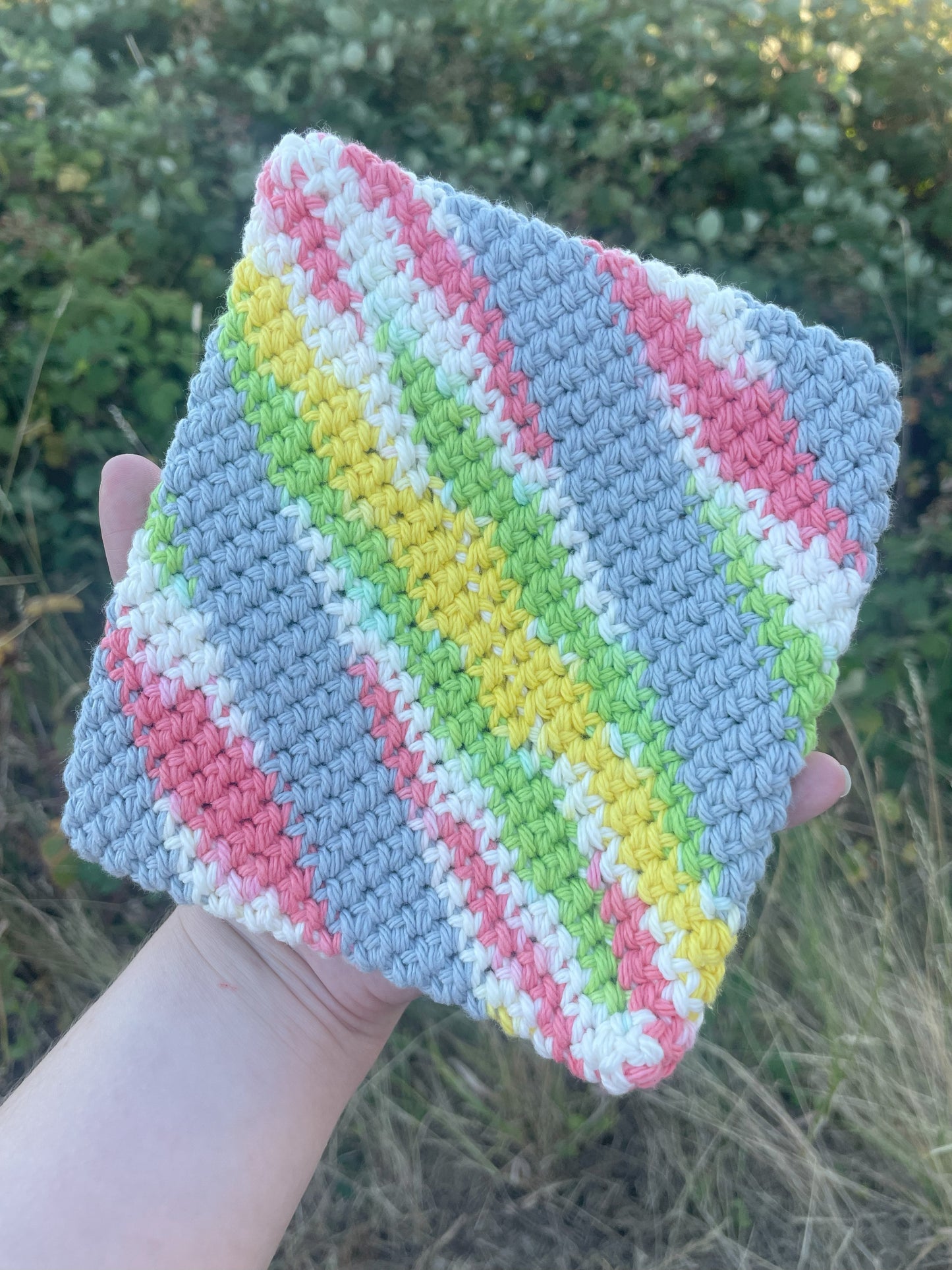 Double-Thick Cotton Crochet Potholders | Gray with Multicolored Stripes