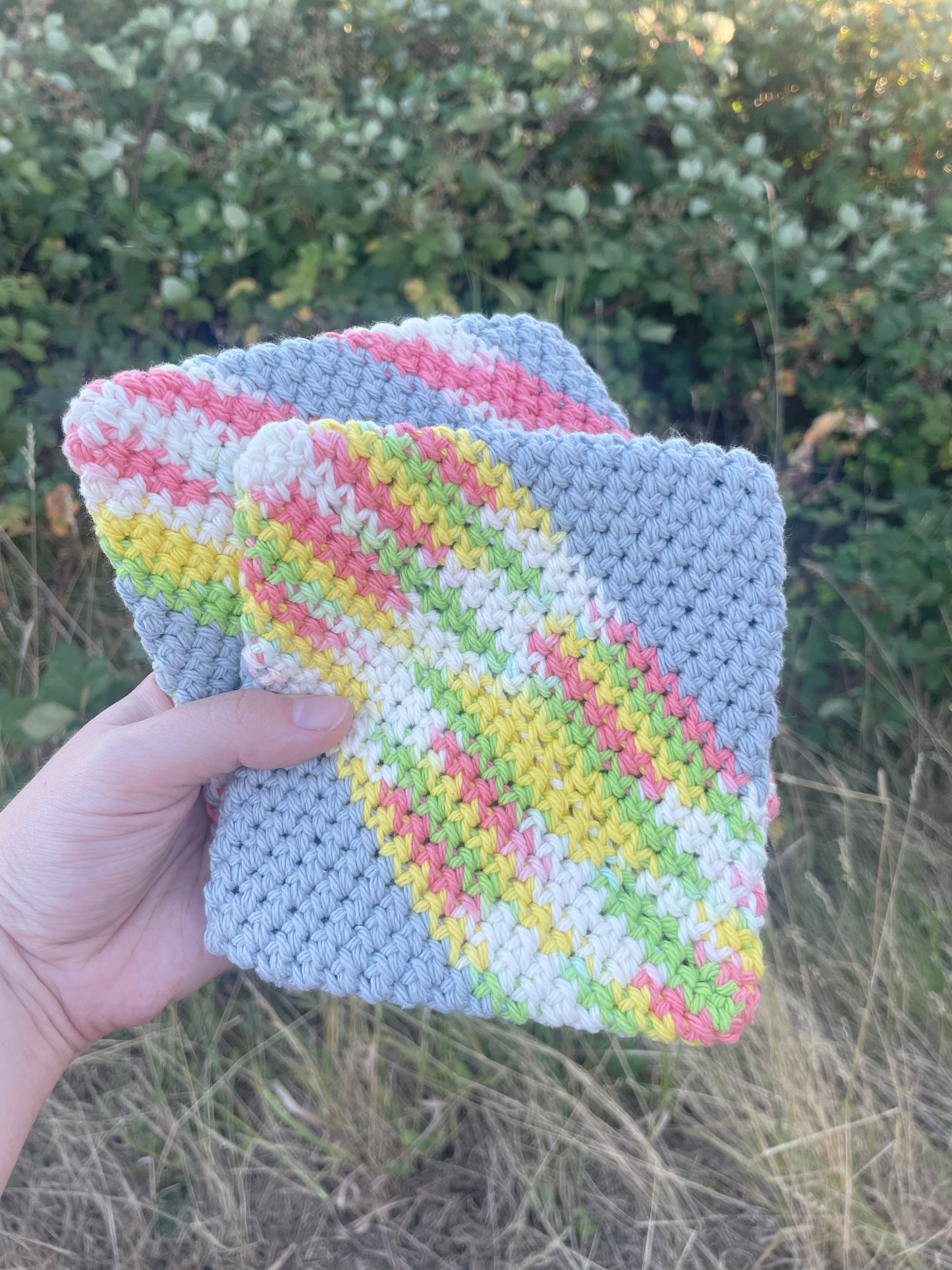 Double-Thick Cotton Crochet Potholders | Gray with Multicolored Stripes