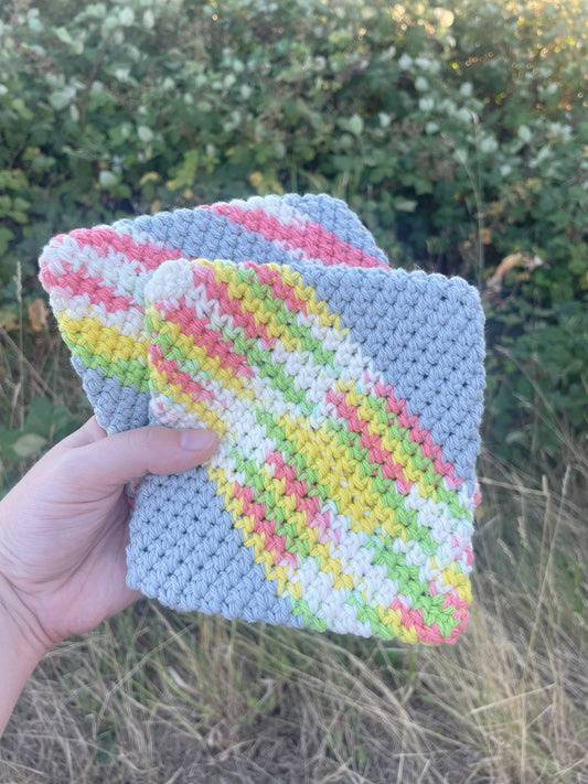 Double-Thick Cotton Crochet Potholders | Gray with Multicolored Stripes