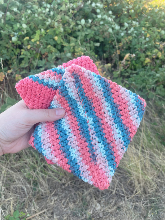Double-Thick Cotton Crochet Potholders | Pink and Blue | Multicolored and Striped