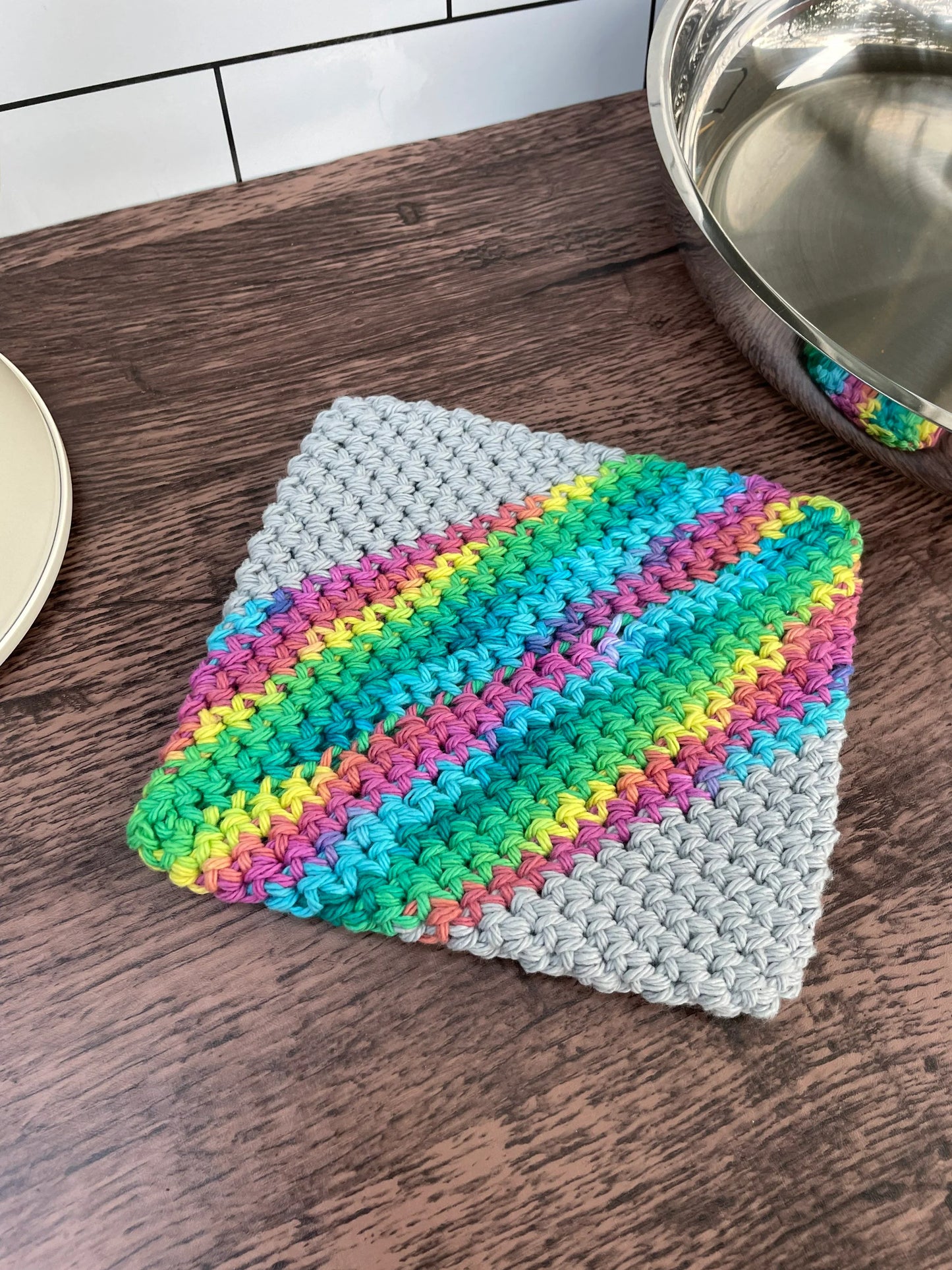 Double-Thick Cotton Crochet Potholder | Rainbow Striped